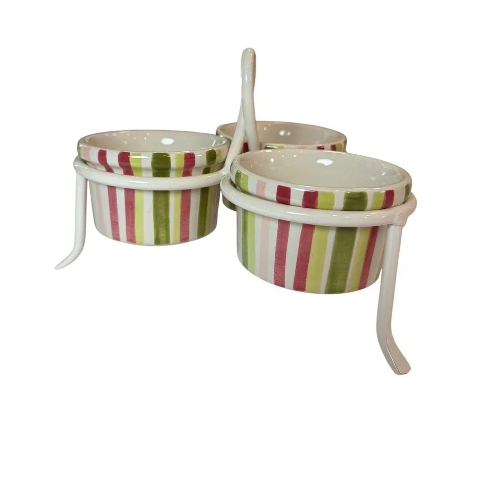 Linens-N-Things Trio Server Hand Painted Ceramic Bowls Striped Snack Set Stand